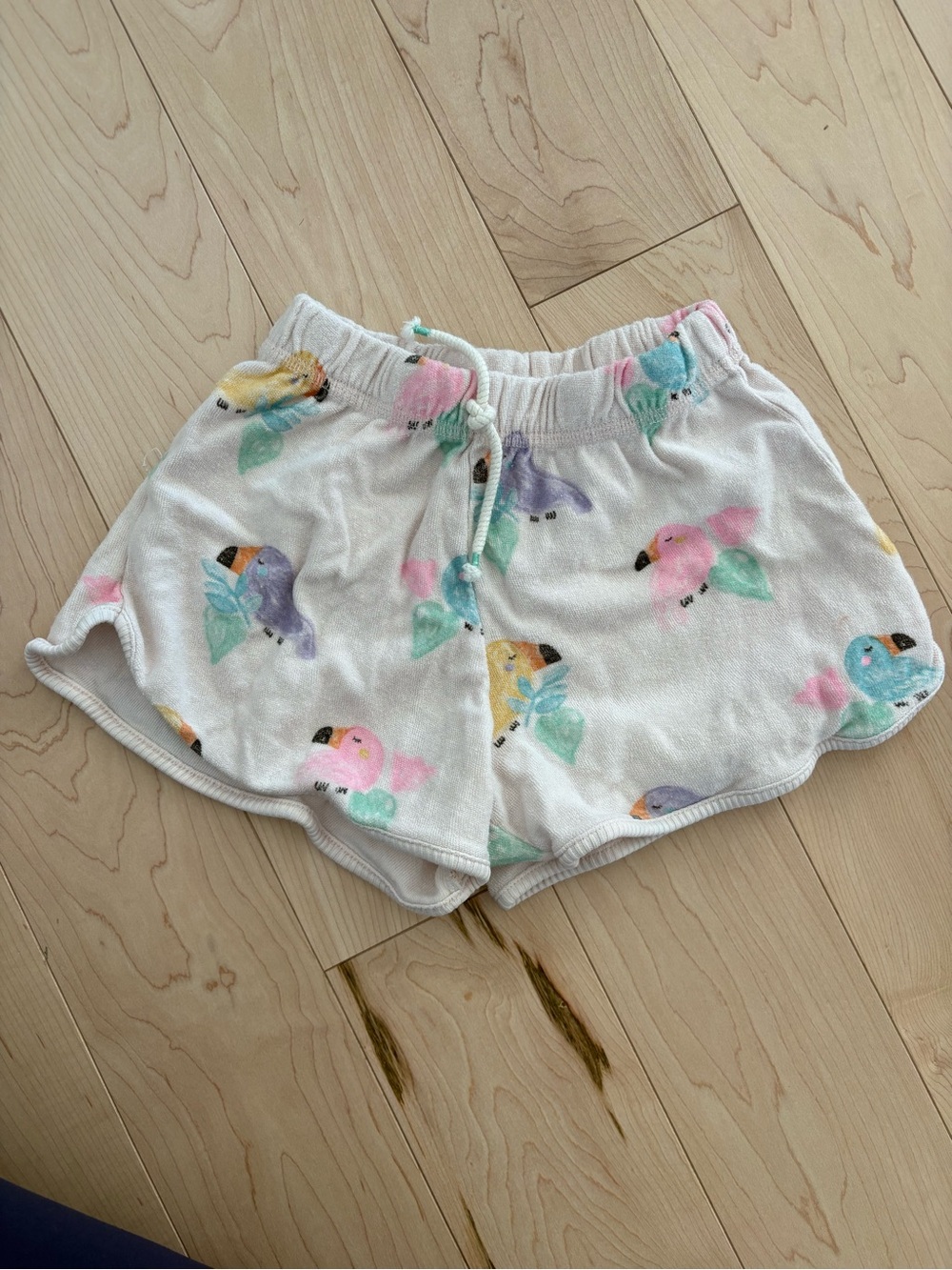 Zara White Plush Shorts with Pastel Bird Motif